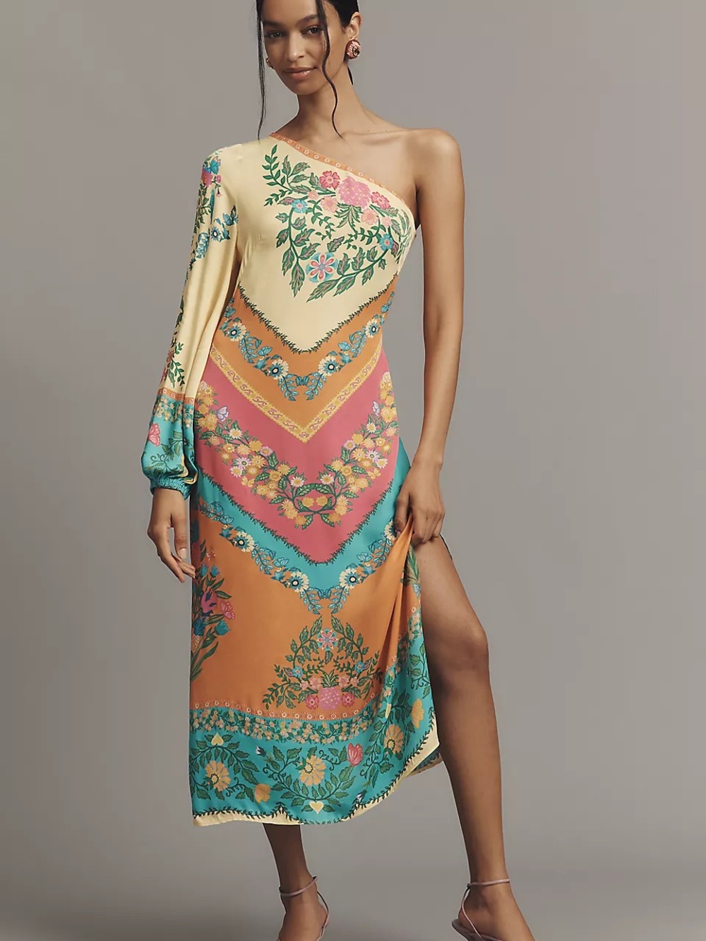 FARM Rio One-Shoulder Floral Midi Dress in Yellow, Orange, Teal and Pink